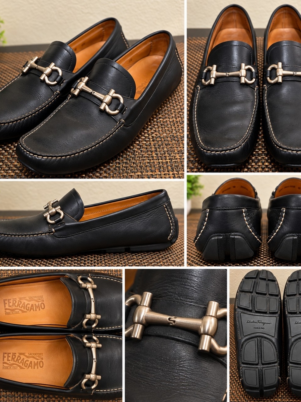Salvatore Ferragamo Black Leather Bit-Detail Slip-On Loafers